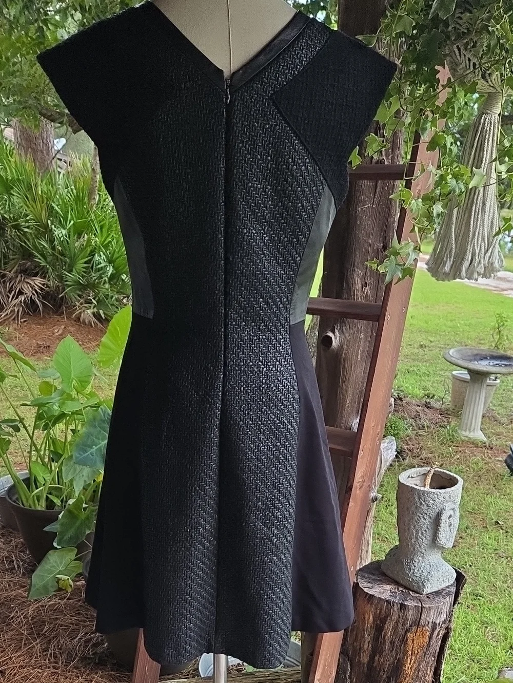 Rebecca Taylor Black Tweed Midi Dress With Lamb Leather Trim Size 6